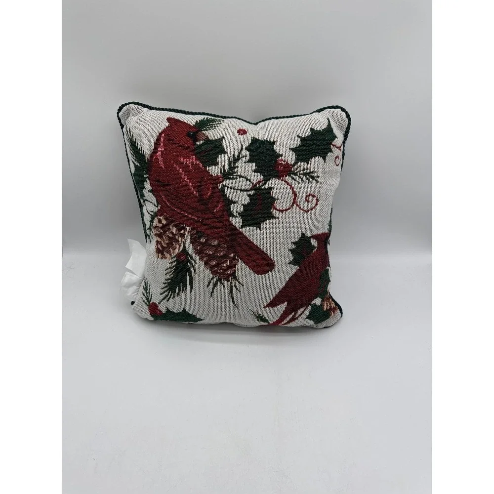 Vintage Cardinal Bird Holly Pine Cones 14X14‎ Tapestry Pillow
